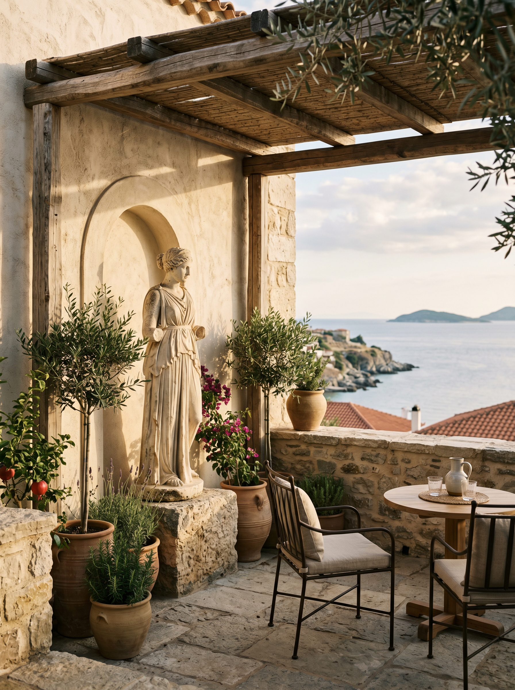 Greek sculpture on a stone coastal terrace with olive trees near Kavala
