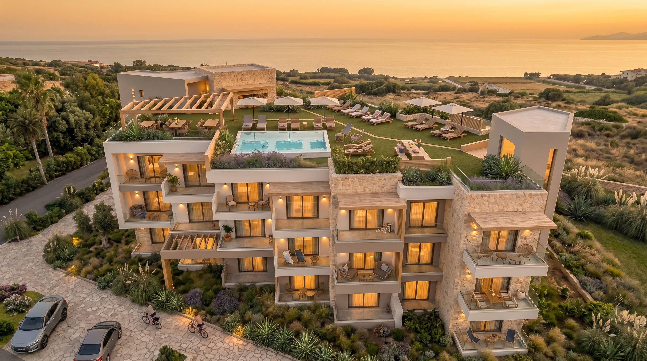 Top-floor outdoor pool terrace with stone architecture, loungers, and sea view
