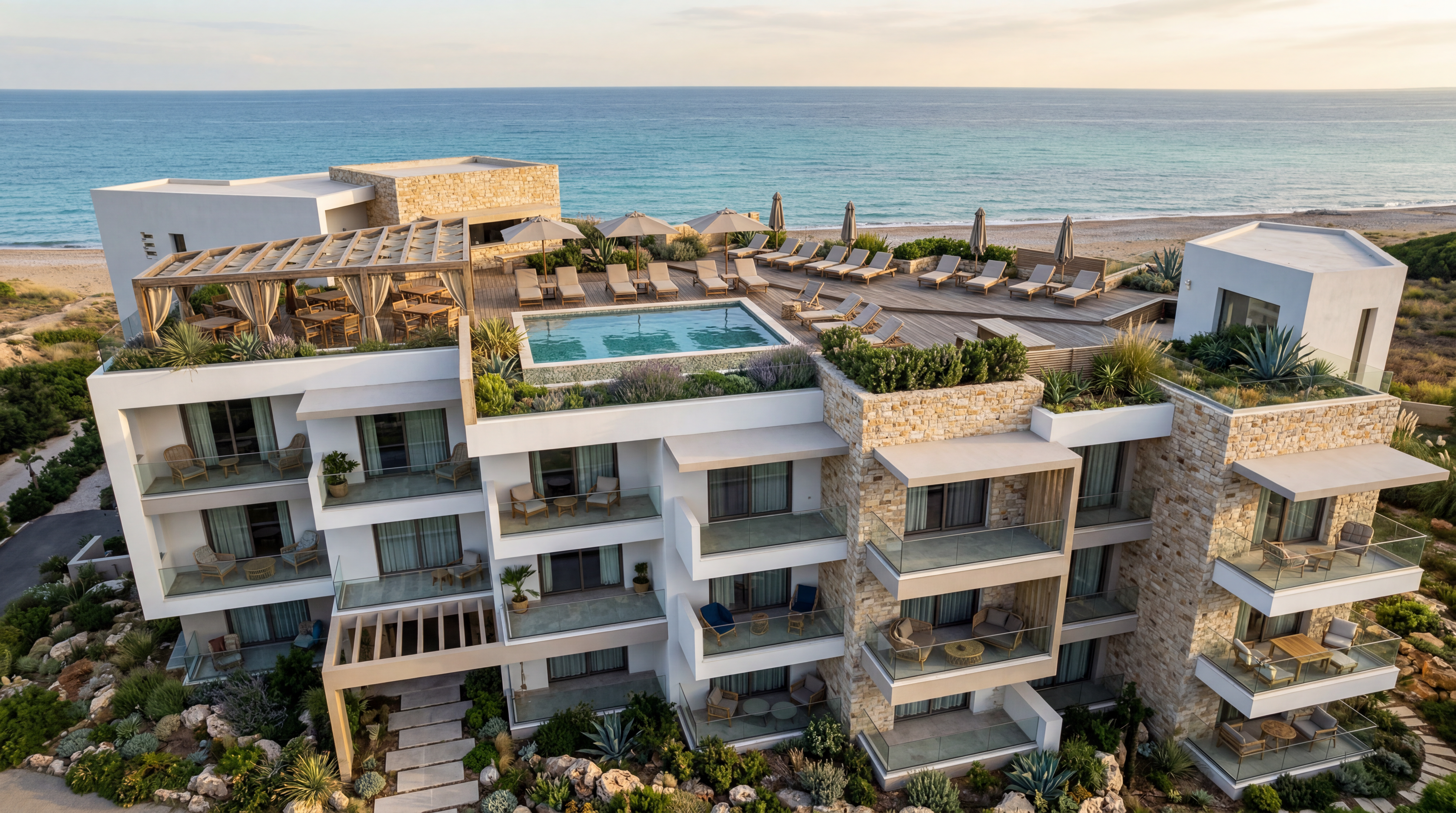 Top-floor outdoor pool terrace concept at Kavi Beach with sea views and modern stone architecture