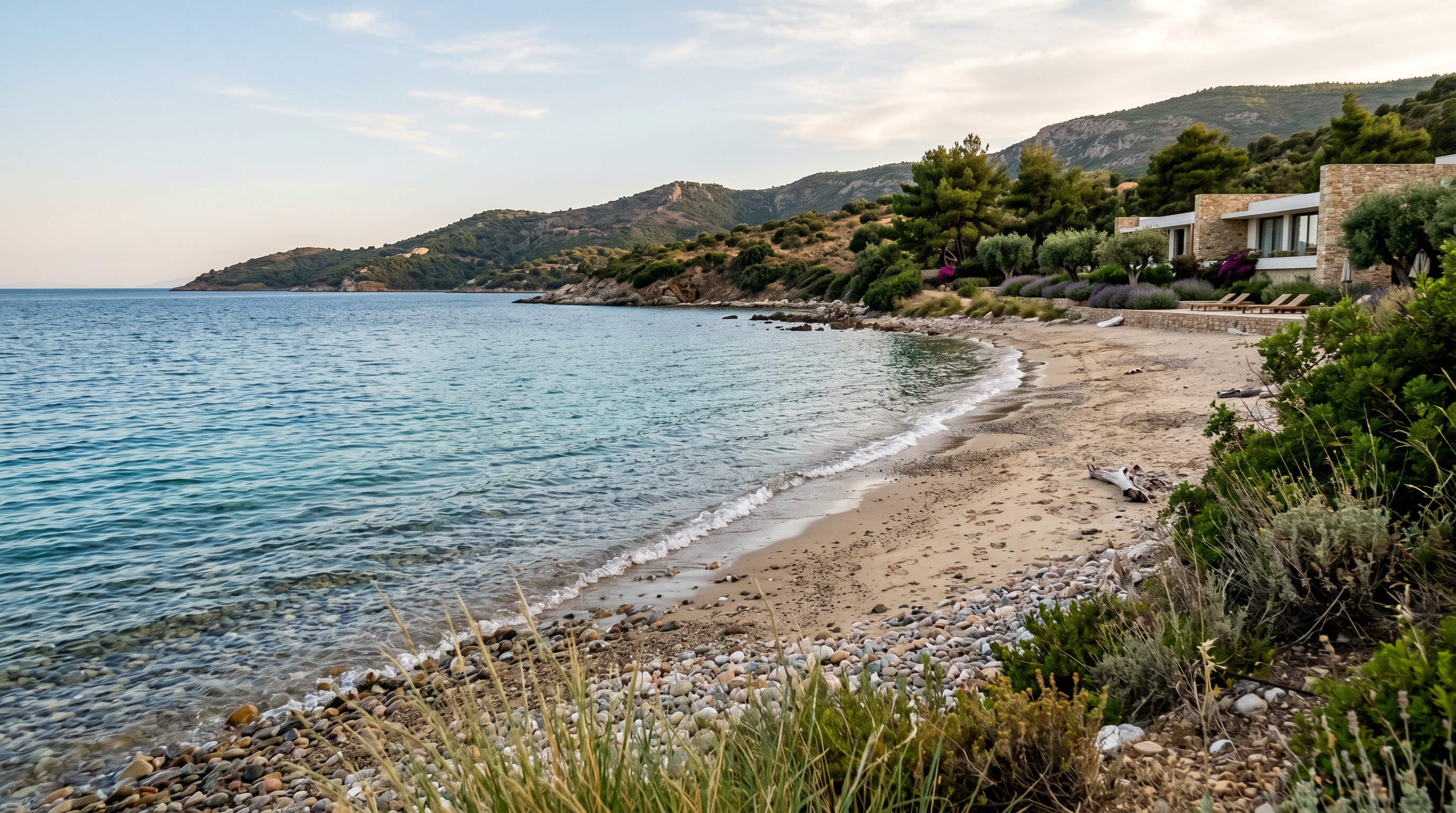 Aegean shoreline with calm water close to the Kavi Beach stay