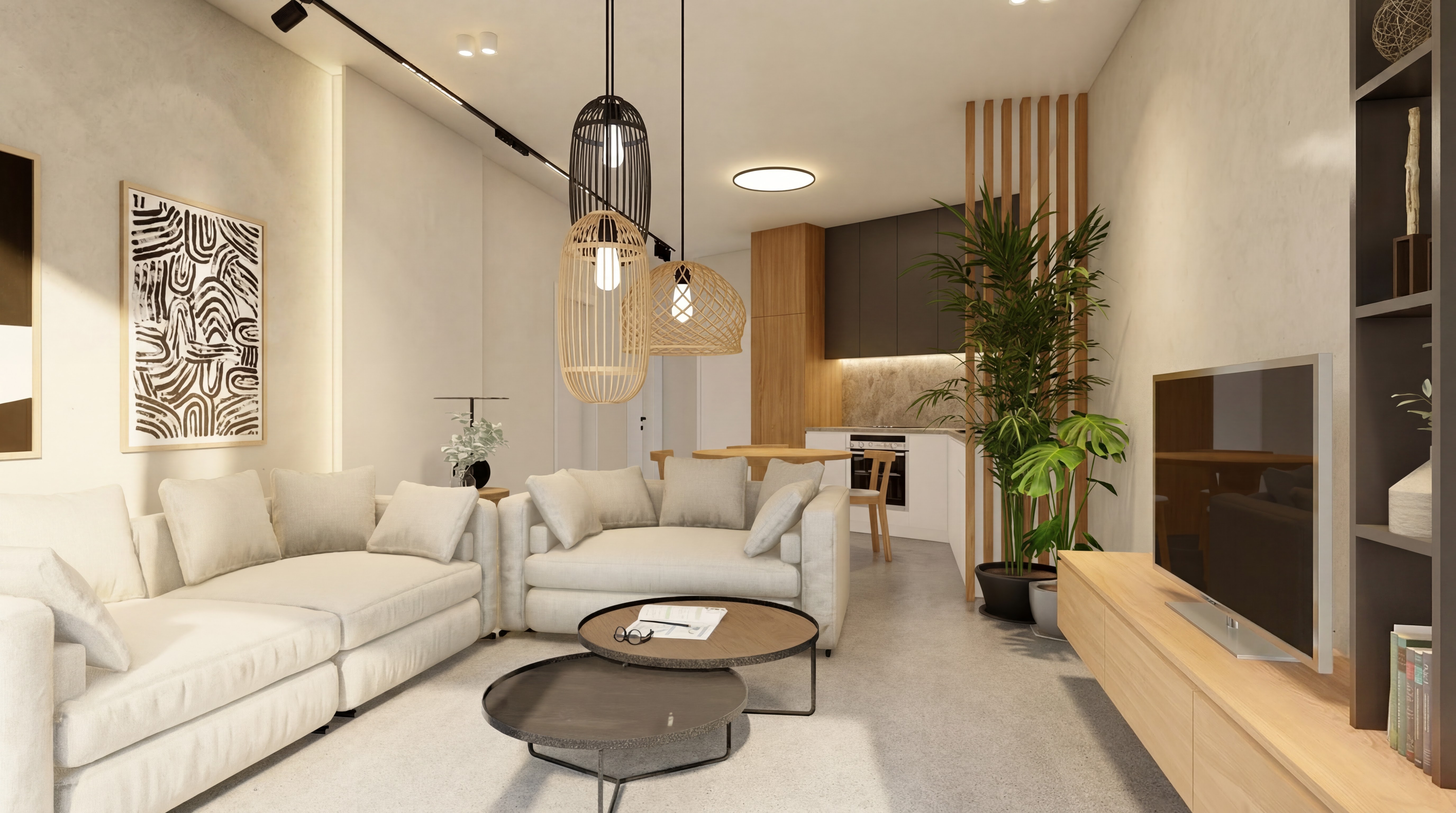 Realistic Studio Deluxe concept from the lounge toward the kitchenette and TV wall