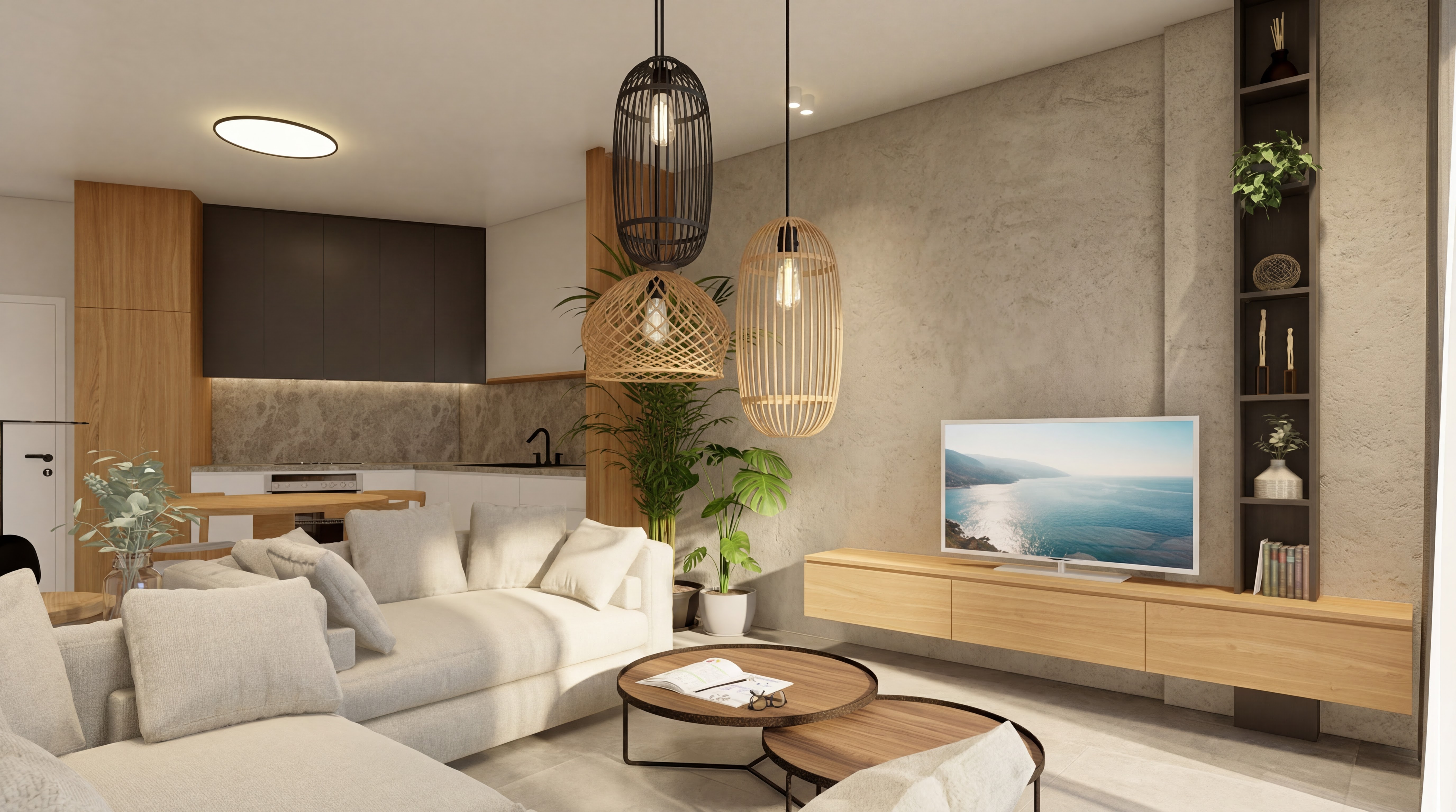 Realistic Studio Deluxe concept showing a cozy seating area, TV wall, kitchen zone, woven pendants, and plants