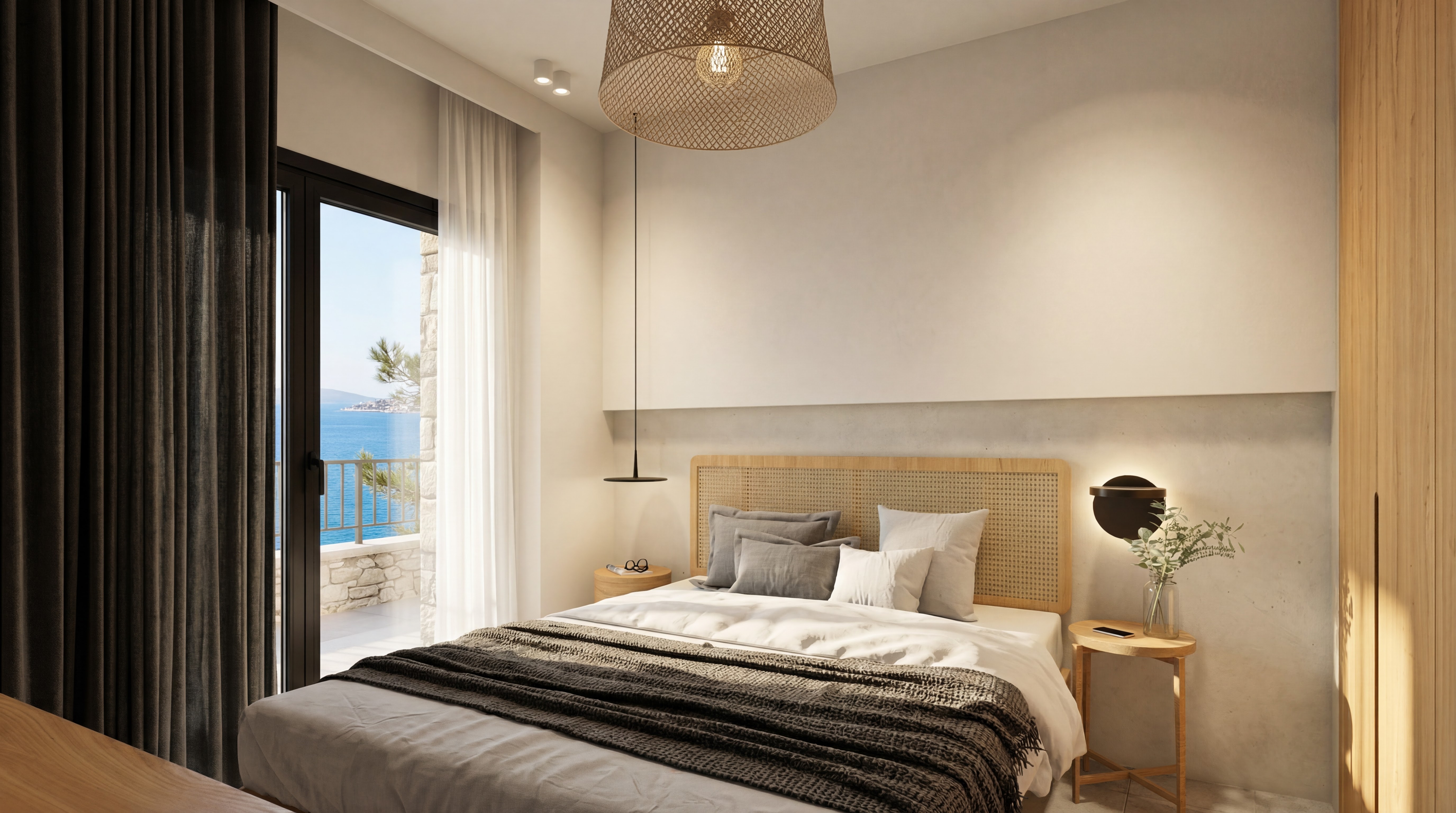 Realistic Studio Deluxe concept bedroom with centered bed, side tables, curtains, and warm coastal materials