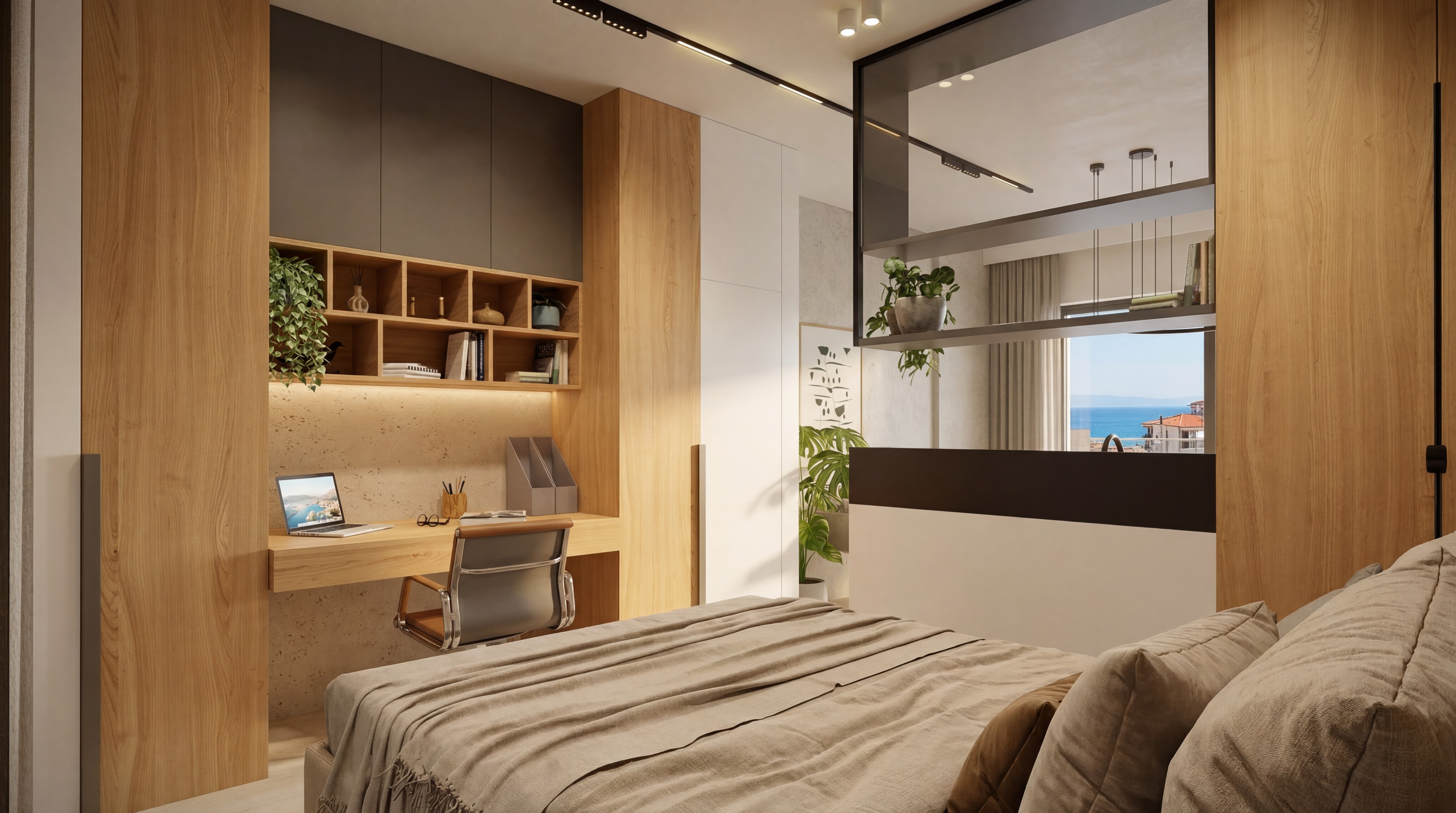 Realistic Studio Deluxe concept from the bedroom toward a desk niche, wardrobe, and room divider