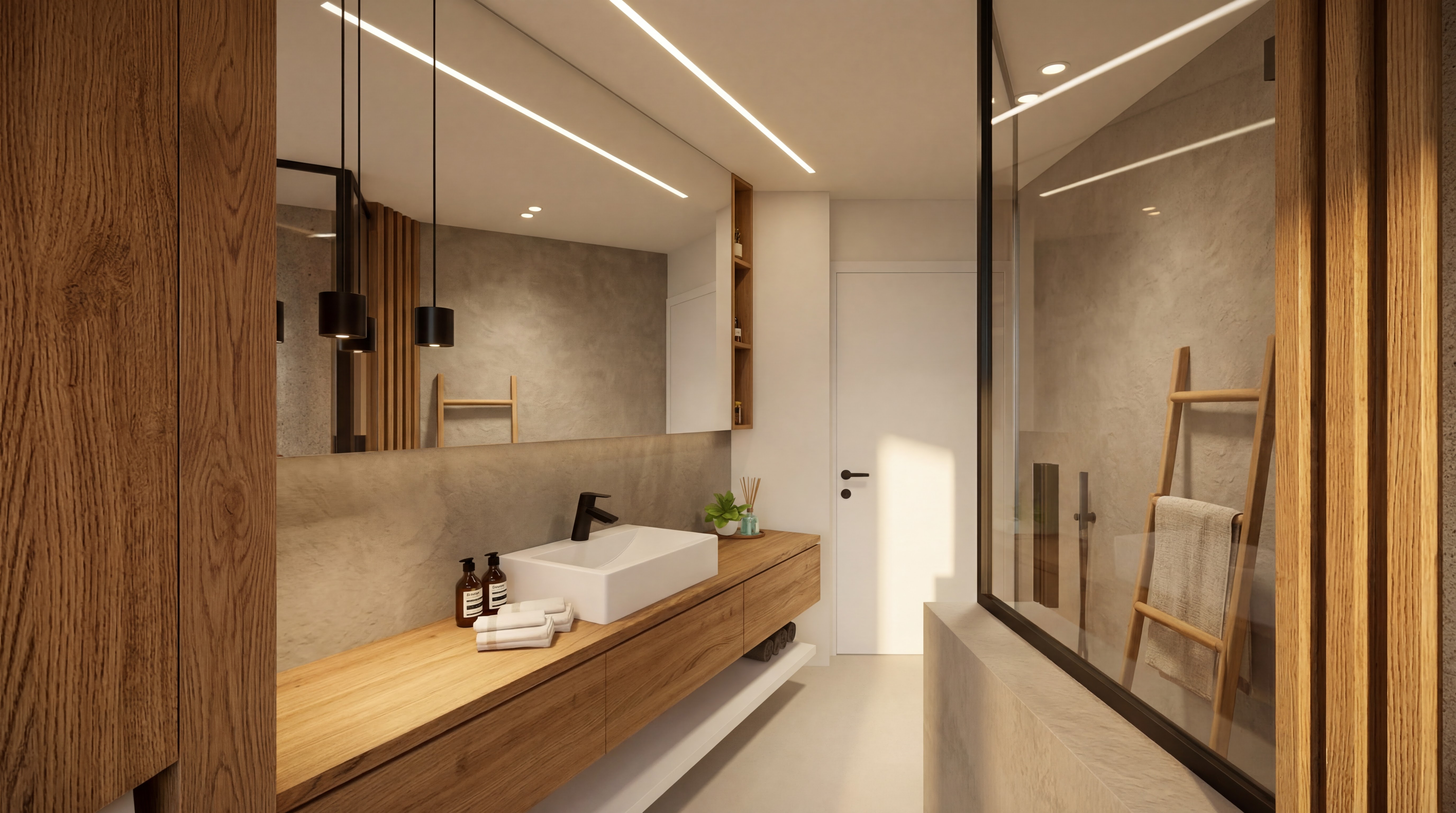 Realistic Studio Deluxe bathroom concept with sink, mirror, glass shower screen, and doorway
