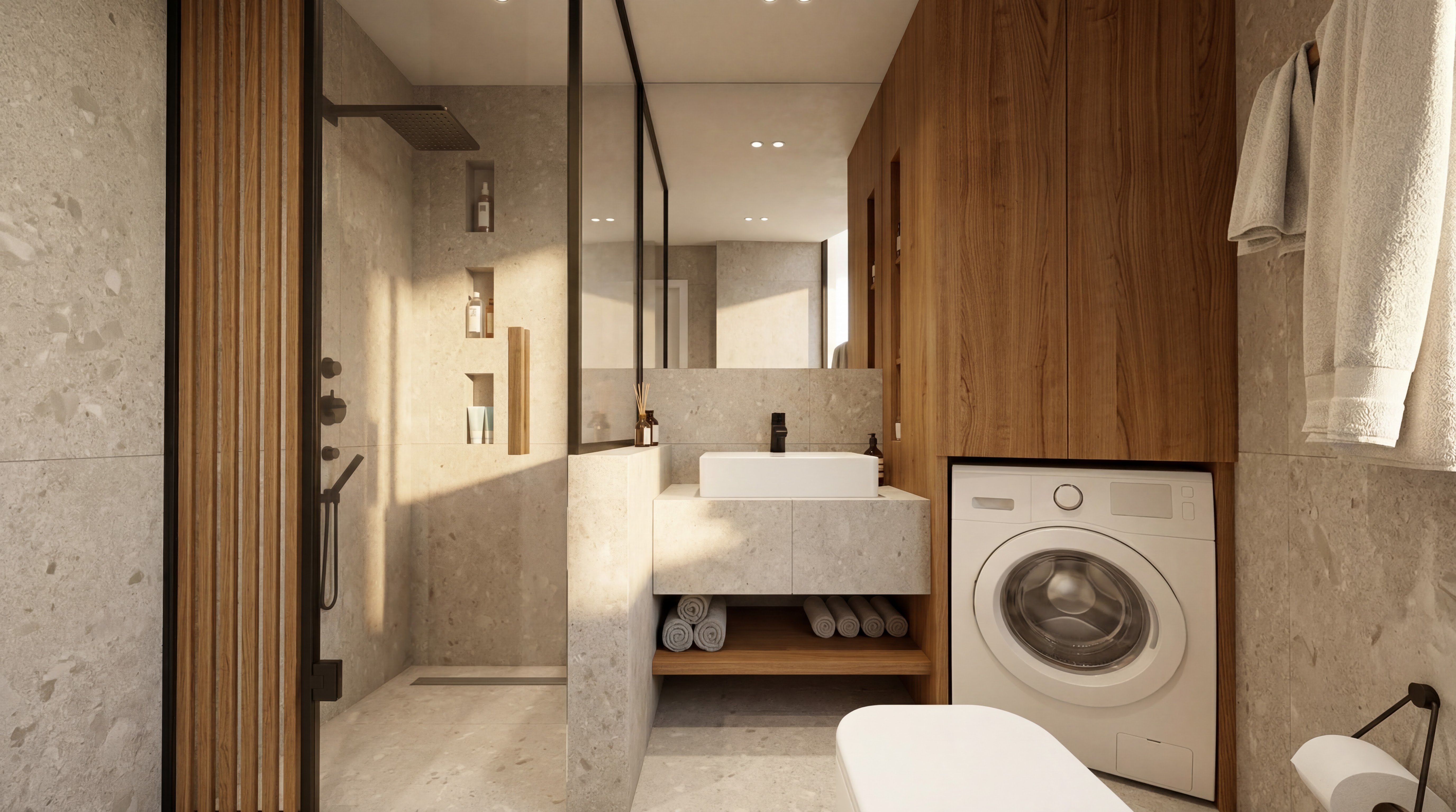 Realistic Studio Deluxe bathroom concept with shower, sink, washing machine, and partial toilet foreground